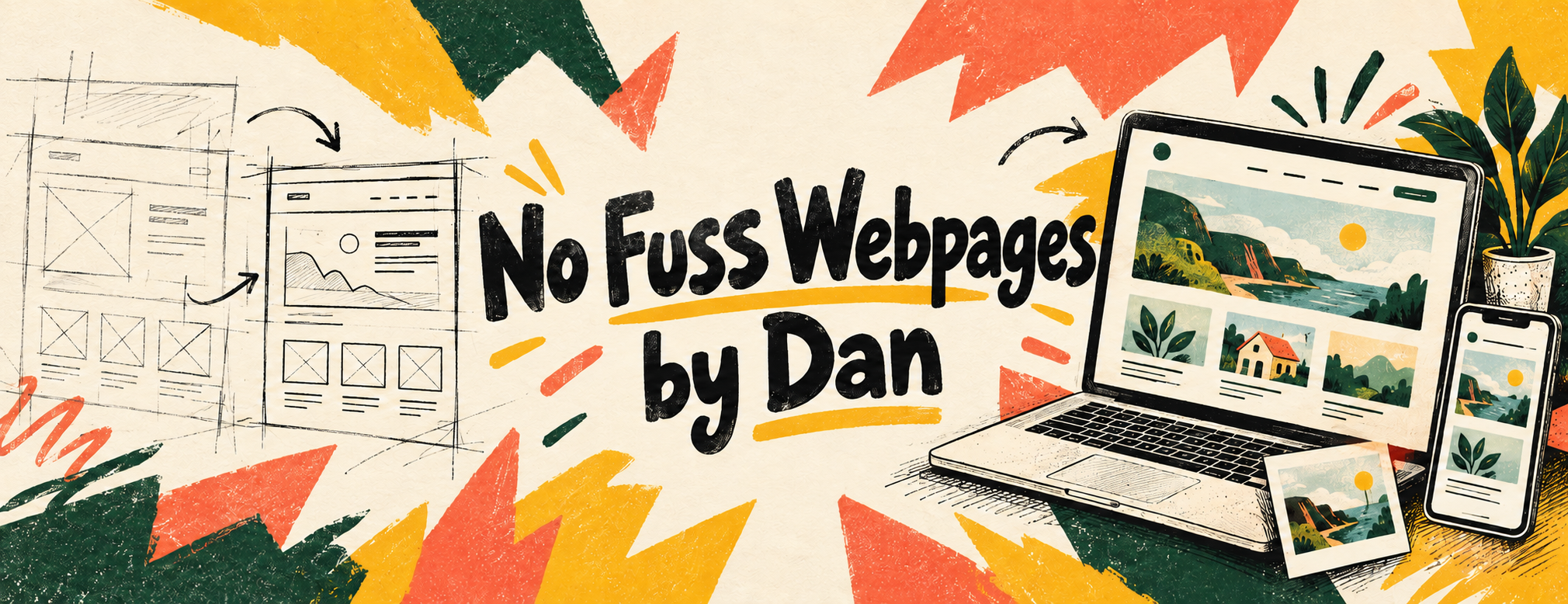 Rough sketches developing into a finished website around the No Fuss Webpages name